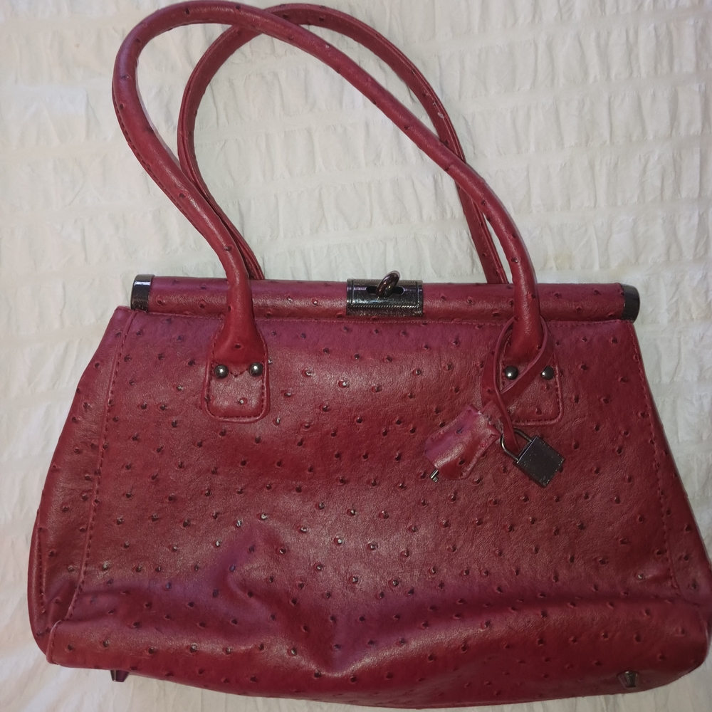 Chic Red Doctors Bag Style Handbag, Red Ostrich Leather